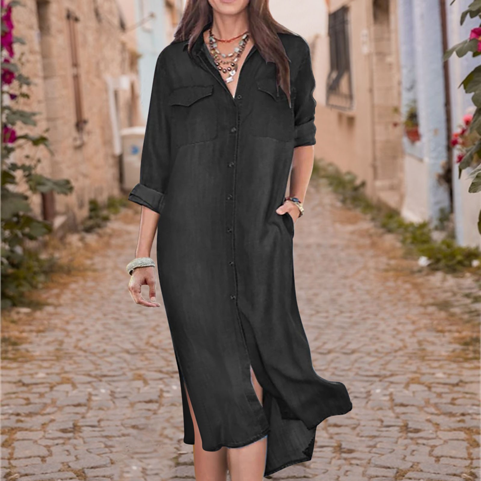 thumbnail image 2 of Vestido camisero holgado de color liso para mujer - Con cuello, poliéster-algodón, tallas S-XXXXXL, estilo informal/para todas las estaciones, largo, 2 of 4